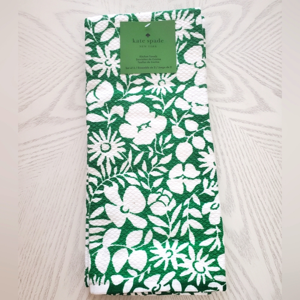 Kate Spade Kitchen Towel Set Of 2 Green Floral Print Nwt